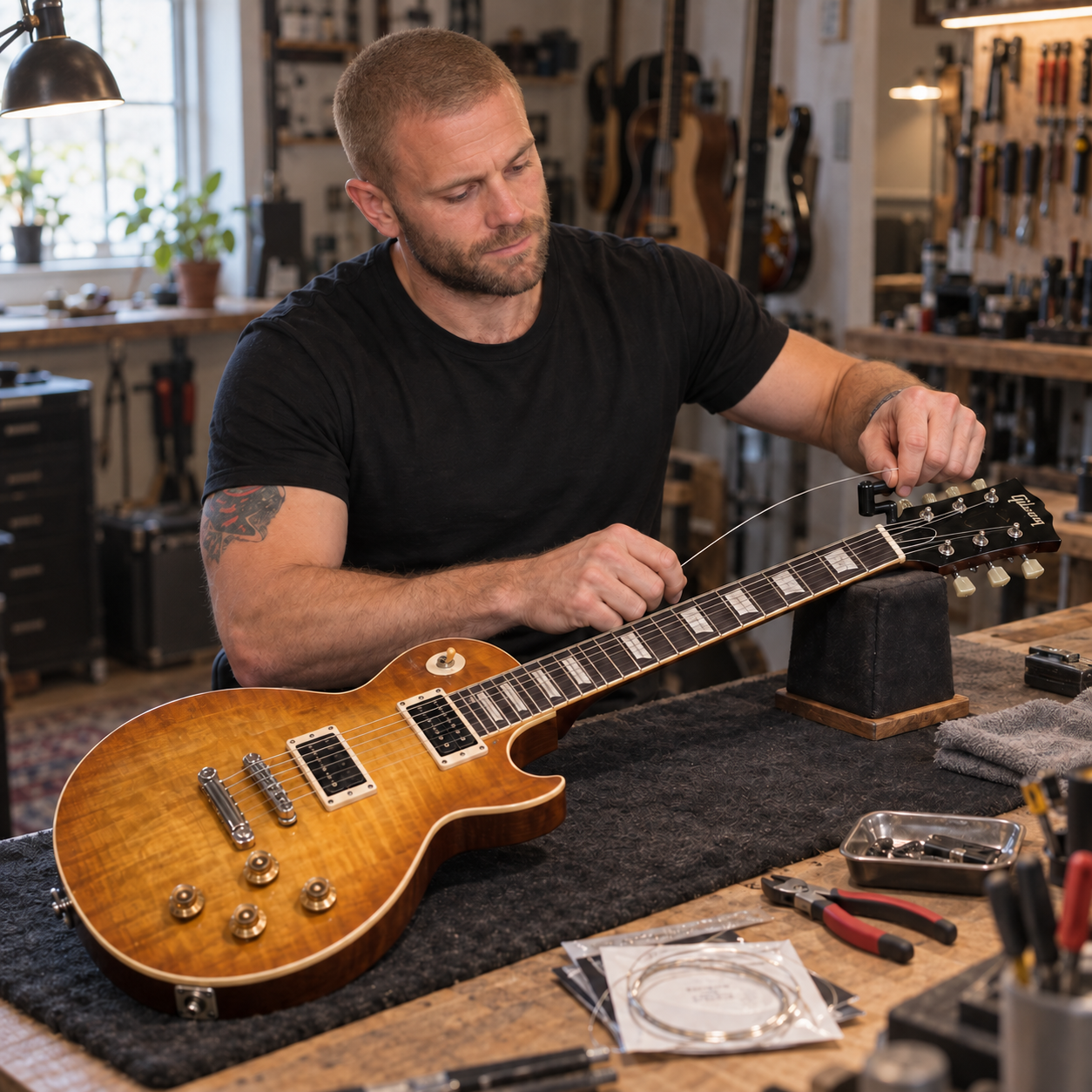 Marcus strängar om en gitarr vid arbetsbänken