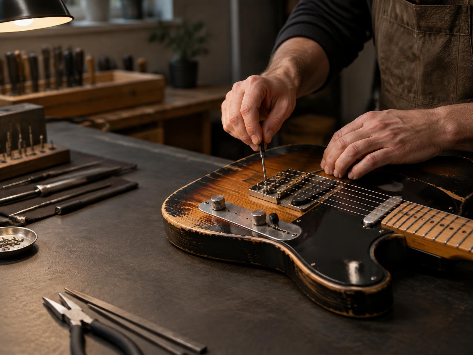 Hands adjusting an electric guitar on a workbench